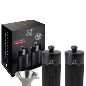 Peugeot – Duo de moulins à poivre et à sel manuels Line noir mat 12 cm et son entonnoir en inox